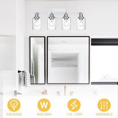 4-Light Track Lighting Kit Ceiling Kitchen Track Lighting Fixtures Chrome Bathroom Vanity Wall Lights with Clear Glass Multi-Directional Rotating Tracking Light Heads Spotlight for Accent Shop