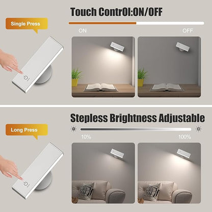 Honalia Rechargeable Wall Lights 2 Pack, Dimmable Cordless Wall Sconce with Magnetic 360 Rotation & Touch Control, Battery Operated Wall Mounted Lamp for Bedroom, Bedside Reading, Renters (No Wiring)