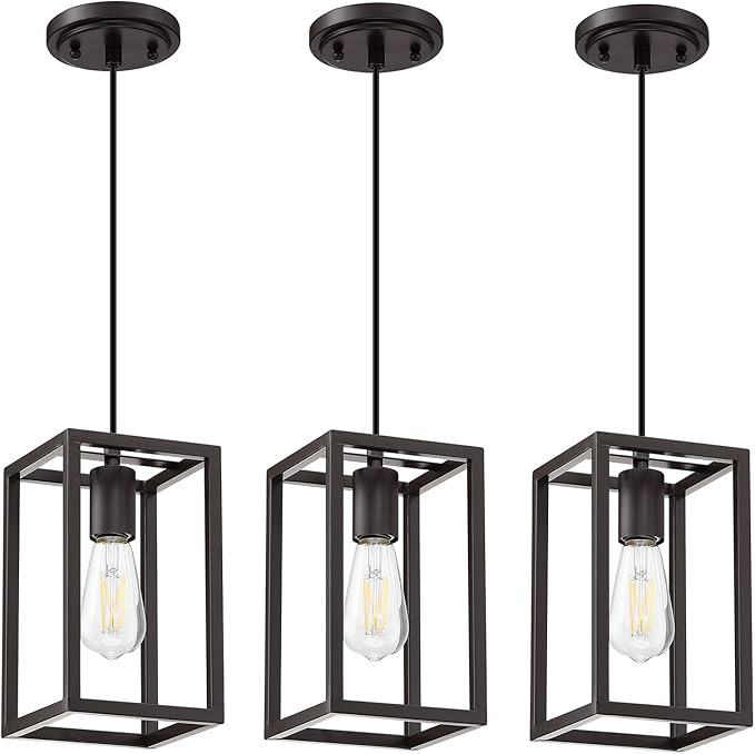 1 Light Hanging Rustic Farmhouse 5.7" Metal Lantern Cage Pendant Ceiling Light Fixture Over Sink Dining Room Bedroom Kitchen Island 3 Pack Oil Rubbed Bronze