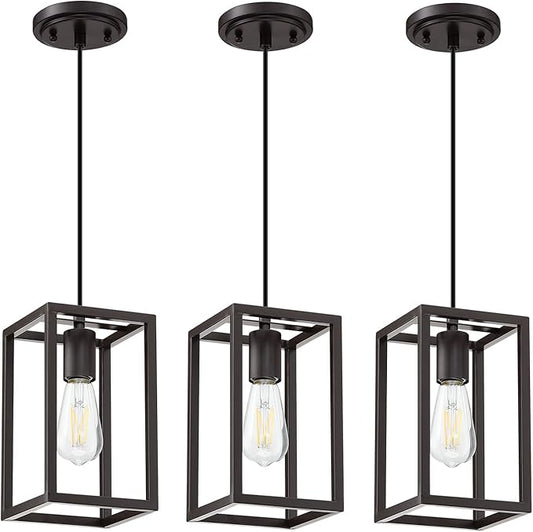 1 Light Hanging Rustic Farmhouse 5.7" Metal Lantern Cage Pendant Ceiling Light Fixture Over Sink Dining Room Bedroom Kitchen Island 3 Pack Oil Rubbed Bronze