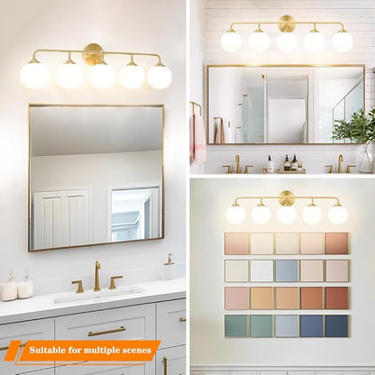 Modern Brushed Brass 5-Lights Bathroom Vanity Light, Lighting Fixtures Over Mirror with Milky White Glass Ball Shades, Wall Sconces for Bathroom Dressing Table Bedroom