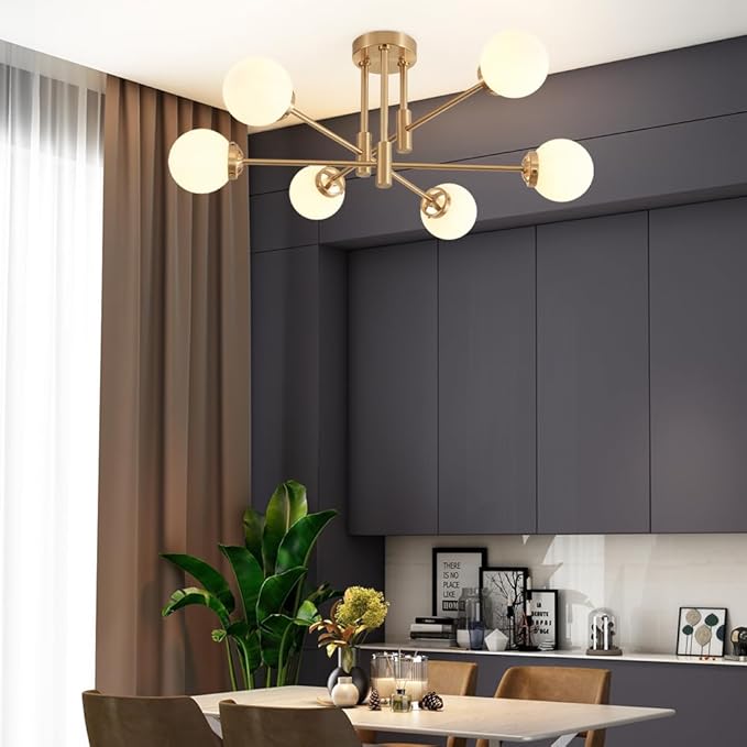 Biewalk Gold Sputnik Chandelier, Modern Globe Chandelier Light Fixture with Glass Globe Shade, Mid Century Ceiling Light 6-Light for Living Room Dining Room