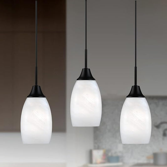 Viinew Mini Glass Pendant Light,4.72" Black White Hanging Lights 3-Pack Handblown White Oval Art Glass Hanging Pendant Light for Kitchen Island,Dining Room,Living,Foyer,Hallway, Entry