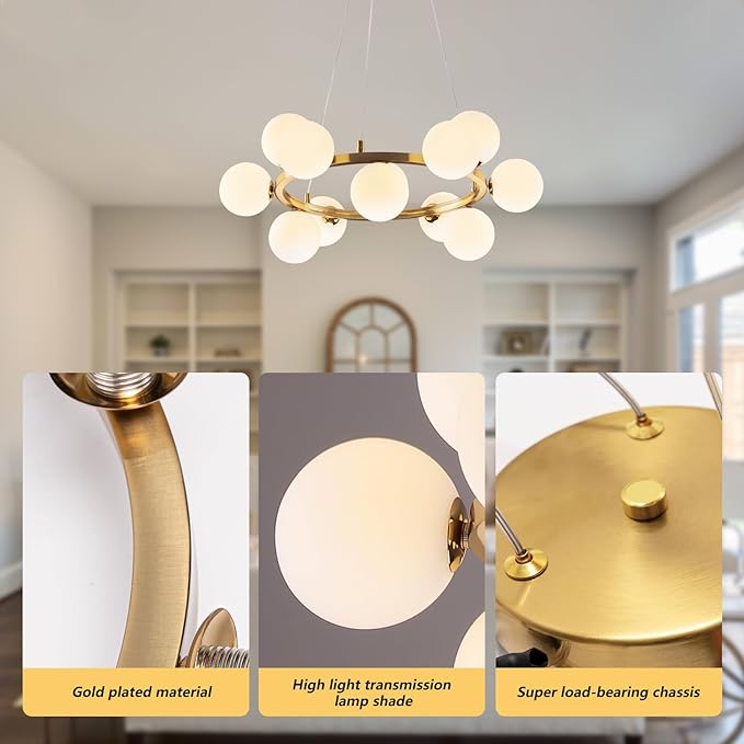 Modern Sputnik Chandelier Light Fixture, 12-Light Gold Bubble Glass Chandeliers for Dining Room, Mid Century White Globe Pendant Lighting for Kitchen Island, Bedroom, Foyer,Living Room,23.6IN
