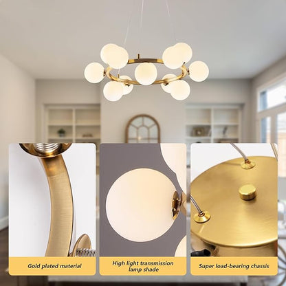 Modern Sputnik Chandelier Light Fixture, 12-Light Gold Bubble Glass Chandeliers for Dining Room, Mid Century White Globe Pendant Lighting for Kitchen Island, Bedroom, Foyer,Living Room,23.6IN