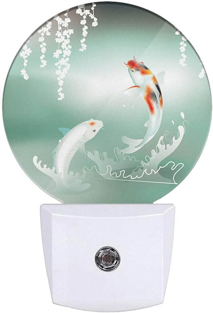 Pond Fish Night Light Two Fishes Jump Over Lake Flowers Branch Sage LED Dusk to Dawn Plug-in Nightlight Auto Sensor for Bedroom Bathroom Hallway Living Room