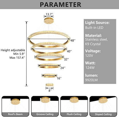47" 6 Ring Crystal Chandelier Modern LED Dimmable Ring Pendant Light Chandelier for Dining Room Living Room Gold