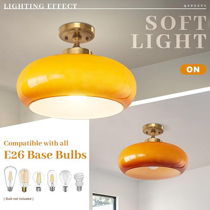 Retro Orange Glass Flush Mount Ceiling Light Fixture, 15.74 Inch Industrial Close to Ceiling Lamp for Bedroom Living Room Kitchen Hallway, E26 Base, Easy Installation