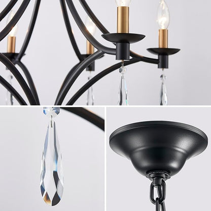 Modern Crystal Chandelier, 6-Lights Black and Gold Farmhouse Chandeliers for Dining Room Light Fixtures Hanging, Modern Black Pendant Light for Bedroom Foyer Living Room Kitchen Island Entryway Office