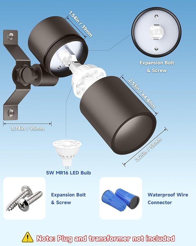Landscape Down Lighting Low Voltage Spot Lights Outdoor LED Wall Mounted Low Voltage Tree Lights Cast Aluminum Free 5W MR16 LED Bulb Stainless Steel Mounting Bracket 1-Count