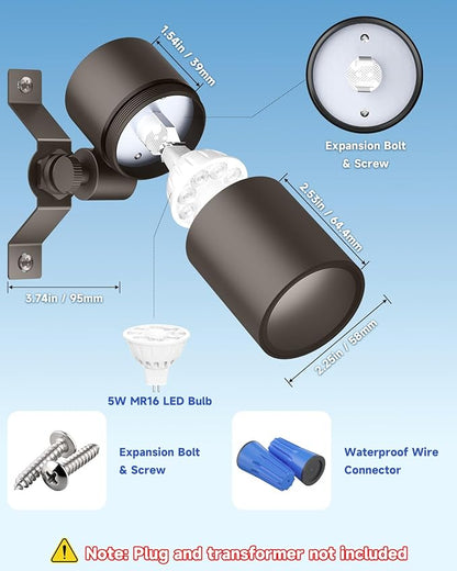 Landscape Down Lighting Low Voltage Spot Lights Outdoor LED Wall Mounted Low Voltage Tree Lights Cast Aluminum Free 5W MR16 LED Bulb Stainless Steel Mounting Bracket 1-Count