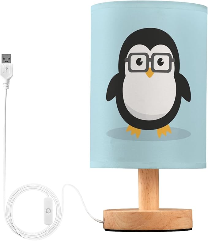Cute Geek Penguin Table Lamp with Wood Base Fabric Lamp Shade Bedside Nightstand Desk Lamp for Living Room Bedroom Kids Room Office