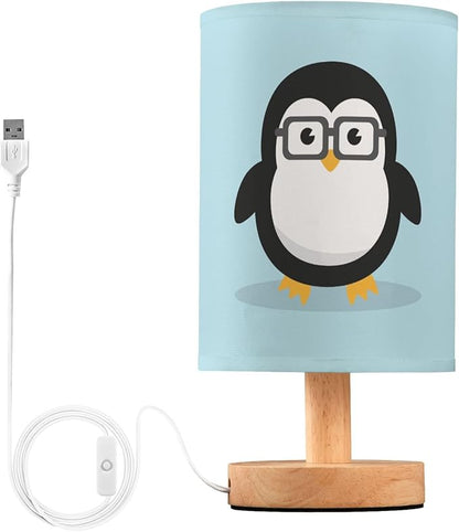 Cute Geek Penguin Table Lamp with Wood Base Fabric Lamp Shade Bedside Nightstand Desk Lamp for Living Room Bedroom Kids Room Office
