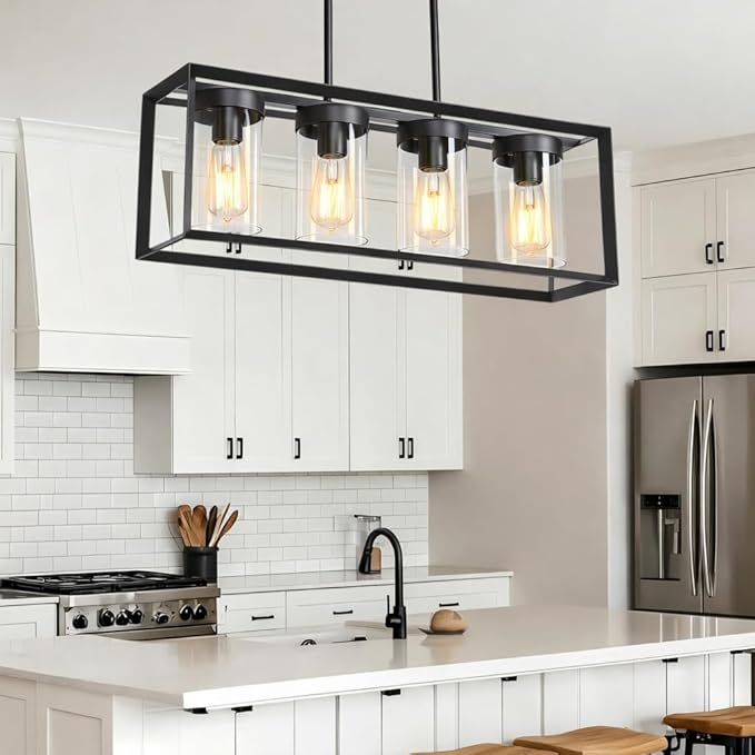 Modern 4-Light Linear Dining Room Light Fixture, Black Rectangle Farmhouse Chandeliers with Clear Glass Shades, Kitchen Island Lighting Fixtures Over Table Ceiling Hanging Pendant Lights