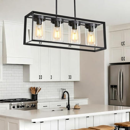 Modern 4-Light Linear Dining Room Light Fixture, Black Rectangle Farmhouse Chandeliers with Clear Glass Shades, Kitchen Island Lighting Fixtures Over Table Ceiling Hanging Pendant Lights