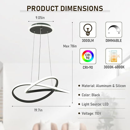 Modern LED Chandelier, 3-Color Dimmable with Remote Control, Adjustable Height Pendant Light Fixture with Base LED Light Strip, Modern Hanging Light for Dining Room Kitchen Island Living Room