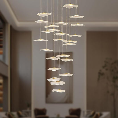 High Ceiling Chandeliers - 24-Light Luxury Gold Spiral Lotus Chandelier Modern Minimalist Dimmable Design for Grand Entrance, Staircase, Villa Dining Room