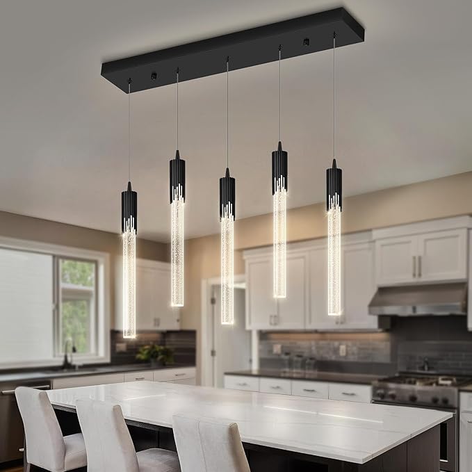 Flashing God 5-Lights Rectangular Pendant Lights for Kitchen Island Black Linear Crystal Chandelier Modern Chandeliers for Kitchen Island Dining Room