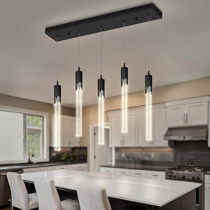 Flashing God 5-Lights Rectangular Pendant Lights for Kitchen Island Black Linear Crystal Chandelier Modern Chandeliers for Kitchen Island Dining Room