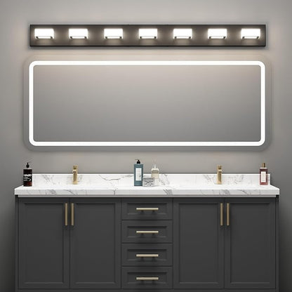 Ralbay 46" LED Matte Black Vanity Lights 7 Lights Acrylic Metal Black Modern Vanity Lights Black Bathroom Lighting Fixtures Over Long Mirror (Natural White Light 4500K)