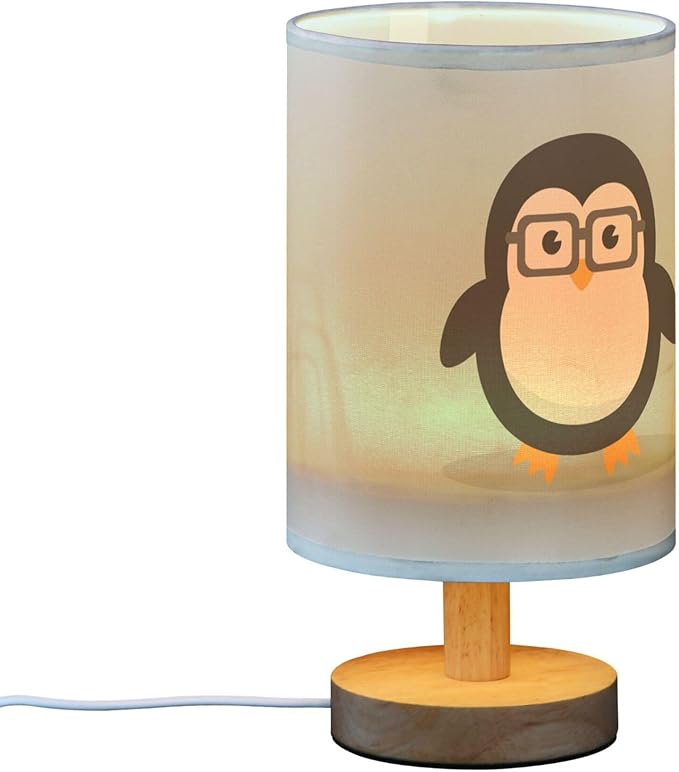 Cute Geek Penguin Table Lamp with Wood Base Fabric Lamp Shade Bedside Nightstand Desk Lamp for Living Room Bedroom Kids Room Office