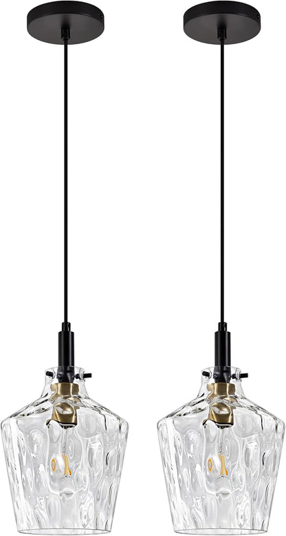 Modern Hammered Glass Pendant Light for Kitchen Island 2 Pack, Farmhouse Black and Gold Pendant Light Fixtures, Height Adjustable Ceiling Pendant Light, 8 Inch