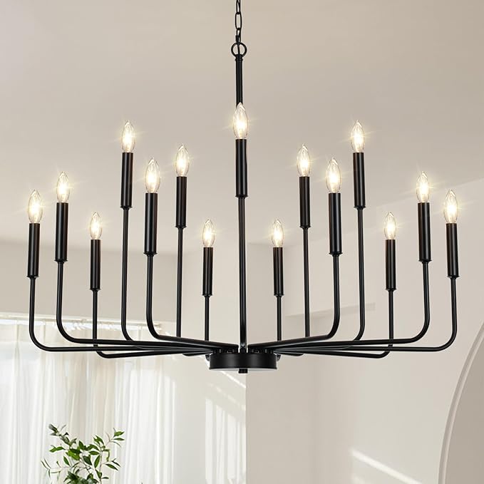 Black Chandeliers for Dining Room Light Fixture Over Table, Modern Farmhouse Chandeliers for Living Room,15-Lights Industrial Metal Candle Lighting Fixtures for Entryway Kitchen Island Foyer