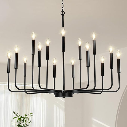Black Chandeliers for Dining Room Light Fixture Over Table, Modern Farmhouse Chandeliers for Living Room,15-Lights Industrial Metal Candle Lighting Fixtures for Entryway Kitchen Island Foyer