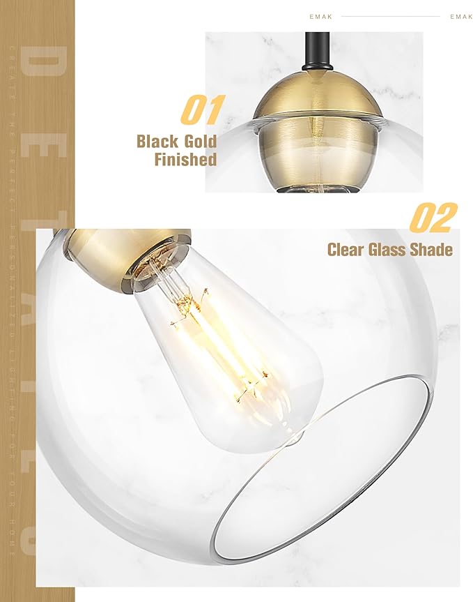 Emak Black and Gold Pendant Light, 8 Inch Globe Pendant Lights Kitchen Island with Clear Glass Shade, Modern Farmhouse Hanging Lights for Kitchen, Dining Room, Bar, PL121-BKBGD-CG