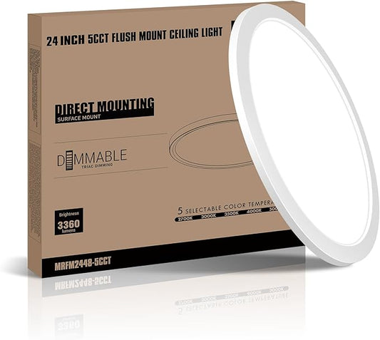 mw 24 Inch Flush Mount Ceiling Light, 3360LM, 5CCT 2700K/3000K/3500K/4000K/5000K, 120V, Dimmable Ultra Slim Modern LED Ceiling Light, Damp Location for Bedroom, Kitchen, Laundry Room, ETL Listed