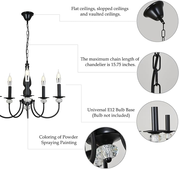 Black Chandelier, 5-Light Farmhouse Candle Chandelier for Living Room, Rustic Industrial Pendant Chandeliers for Dining Room, Vintage Crystal Hanging Light fixture for Hallway Kitchen Foyer E12