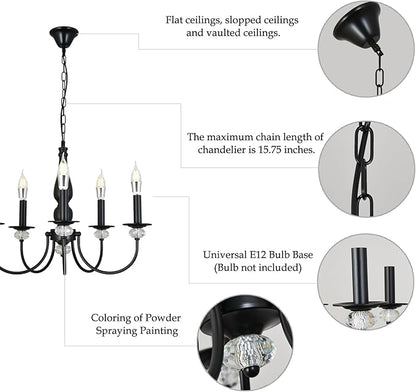 Black Chandelier, 5-Light Farmhouse Candle Chandelier for Living Room, Rustic Industrial Pendant Chandeliers for Dining Room, Vintage Crystal Hanging Light fixture for Hallway Kitchen Foyer E12