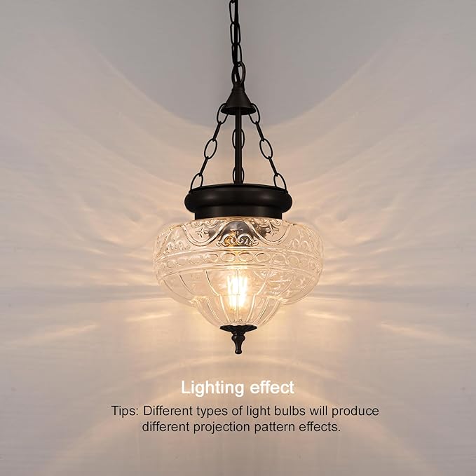 Vintage Pendant Light, Matte Black Pendant Lights Kitchen Island with Unique Thickened Glass, Hanging Lighting Fixtures with Adjustable Chain, Chandelier for Kitchen, Island, Dining Room, Entryway