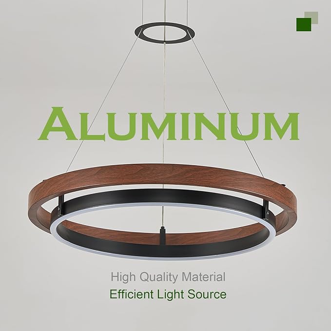 Benkut Modern LED Chandelier Circular Farmhouse Red Walnut Color, Dimmable LED Pendant Light with Remote Ring Chandelier Dining Room Light Fixtures for Kitchen Island Living Room Entryway, D23.6