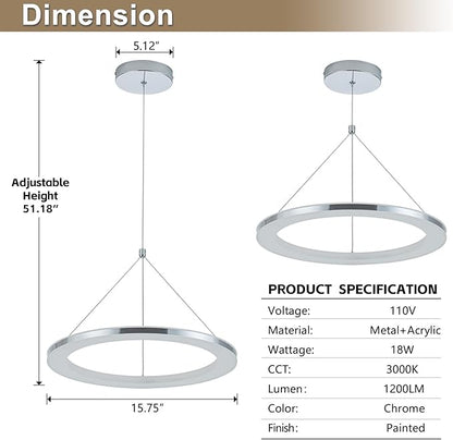 CHYING LED Pendant Lights Kitchen Island, 15.8" 18W Warm White Modern Ring Chandelier, Adjustable Height Silver Hanging Pendant Ceiling Light for Dining Room Bedroom Hallway Entryway, 3000K
