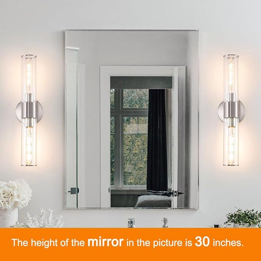 Brushed Nickel Wall Sconces Set of 2 (Hardwired Only), Bathroom Vanity Light Fixtures, Modern Cylinder Glass Wall Lights for Mirror 28-40 in Height, NOT Battery Operated, E26 Base (Bulbs Not Included)