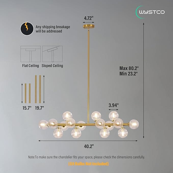 16-Light Globe Sputnik Chandelier, Linear Dining Room Light Fixture Over Table, Mid Century Modern Gold Chandeliers for Dining Living Room, Kitchen Island Lighting (Clear Bubble, 40 Inch)