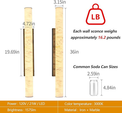 LMQNINE Natural Alabaster Wall Sconces Spanish Marble Wall Light Cylinder Modern Black LED Sconce for Living Room Bedroom Bathroom Stairs（L-1Pack）