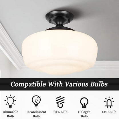 Large Schoolhouse Style Semi Flush Mount Ceiling Light Fixture, 14" Modern Hallway Ceiling Lamp with Opal Milk Glass Shade, Farmhouse Globe Light for Bedroom Kitchen Hallway Entryway Laundry