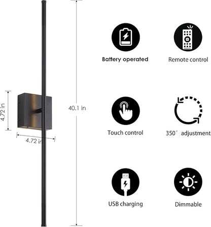 KARTOOSH Battery Operated Wall Sconces with Remote Control, Dimmable Wall Sconces Set of Two, 350°Rotate, 3000K LED Black Wireless Wall Light for Living Room, Hallway, Bedroom, 40.1 Inch (2 Pack)