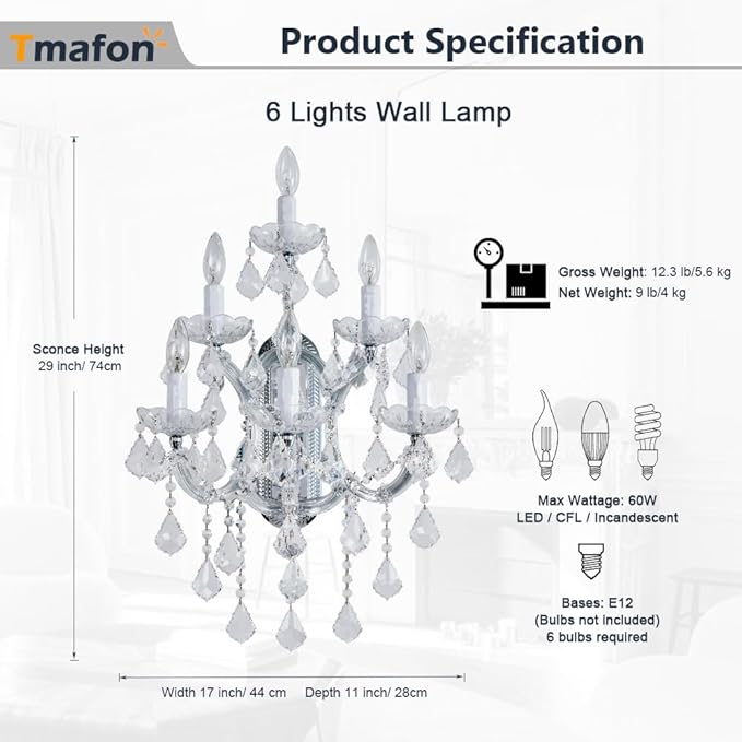 Large Modern Crystal Wall Lamp - 6 Lights Maria Theresa Wall Chandelier Light Fixtures, Chrome Wall Mounted Sconce for Hotel, Living Room, Hall, Lobby