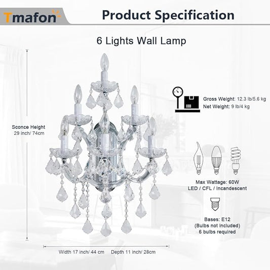 Large Modern Crystal Wall Lamp - 6 Lights Maria Theresa Wall Chandelier Light Fixtures, Chrome Wall Mounted Sconce for Hotel, Living Room, Hall, Lobby
