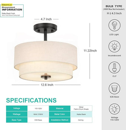 Edwarmlux 3-Light Semi Flush Mount Ceiling Light Fixture, 12.6" Black Drum Light with White Fabric Shade,Modern Close to Ceiling Light for Living Room Bedroom Dining Room Kitchen Hallway Entry Foyer