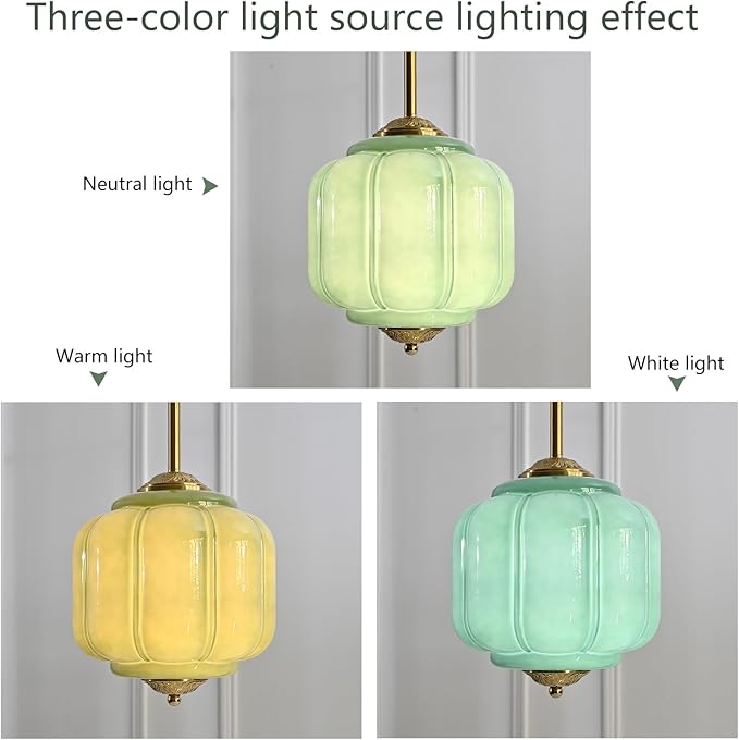 Milk Glass Pendant Light, 10 Inch Green Semi Flush Mount Ceiling Light, Vintage Glass Shade Chandelier With Dimmable E26 Base, Adjustable Hanging Rod, Pendant Light for Bedroom, Hallway, Dining Room