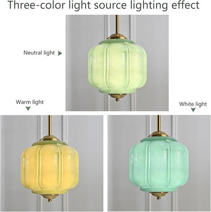 Milk Glass Pendant Light, 10 Inch Green Semi Flush Mount Ceiling Light, Vintage Glass Shade Chandelier With Dimmable E26 Base, Adjustable Hanging Rod, Pendant Light for Bedroom, Hallway, Dining Room