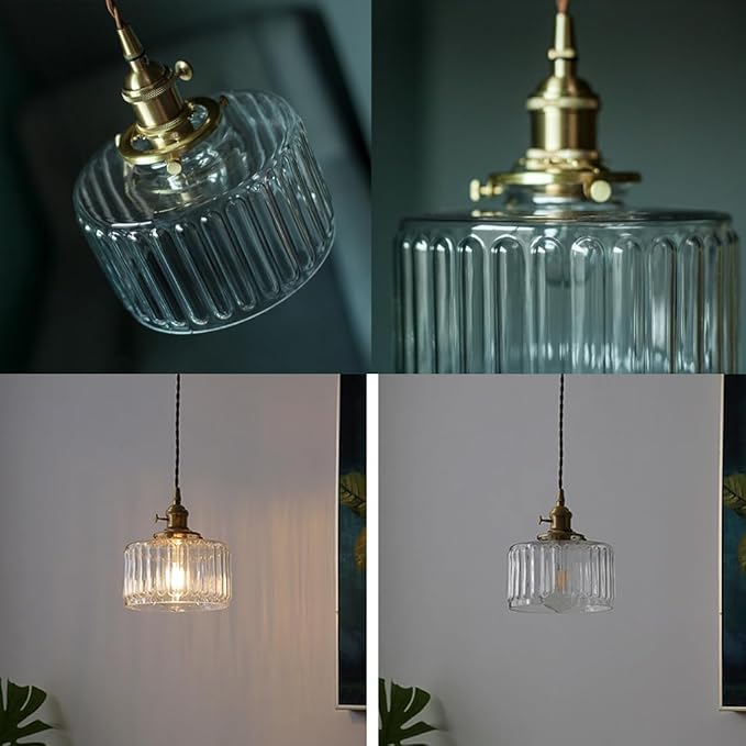Glass Hanging Lights Kitchen Island Brushed Gold Ceiling Pendant Light Clear Round Light Fixture Striped Glass Shade Vintage Modern Pendant Lighting Chandelier Farmhouse Dining Room
