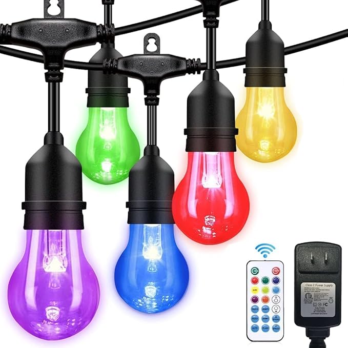 105FT Solar Outdoor String Lights, 32 Shatterproof E26 Edison LED Bulbs, Dimmable RGB Color Changing Patio Lights Waterproof with Remote. for Backyard, Garden, Party, Bistro, Cafe
