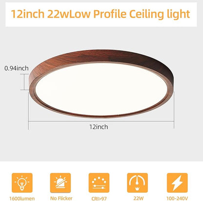 HEYAN Walnut Wood Flush Mount Ceiling Light Fixture,12 Inch Dimmable LED Ceiling Light with 3000K-4000K-6000K Selectable Flat Low Profile Round Ceiling Lights for Bedroom Hallway Laundry (2 Pack)