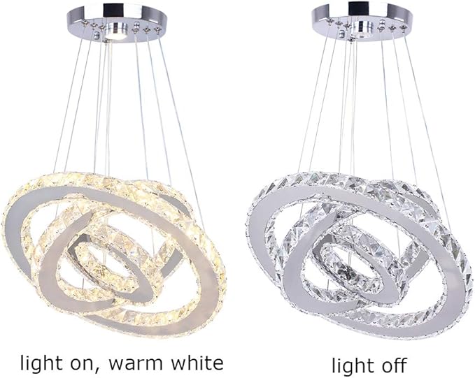 Modern Crystal Chandelier LED 3 Ring Chandeliers Stainless Steel Adjustable Pendant Light for Dining Room Living Room Bedroom Warm White