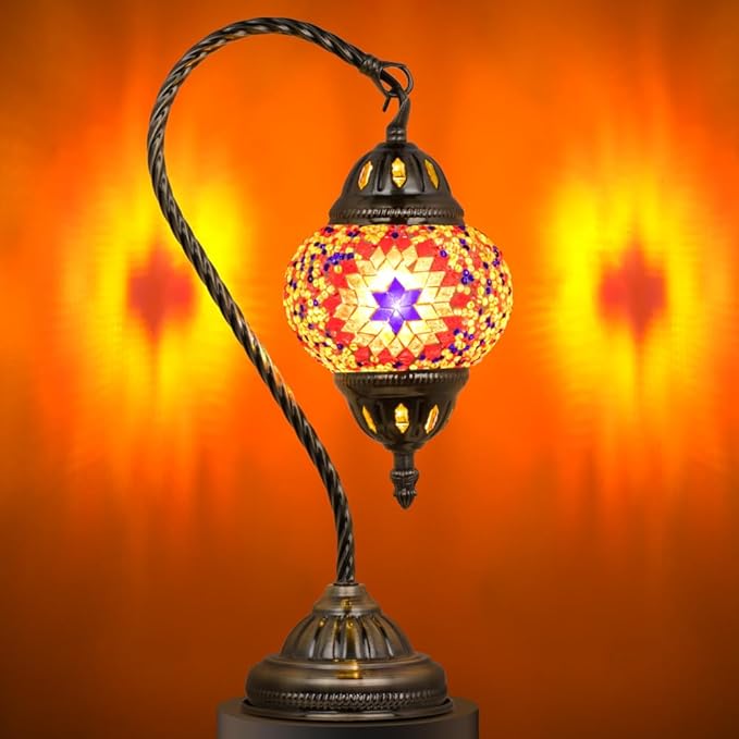 Marrakech Tiffany Lamp Turkish Table Lamps with Vintage Style, Handmade Moroccan Mosaic Lamp with Swan Neck Bronze Base Including LED Bulb for Living Room Bedroom Decor (Orange)